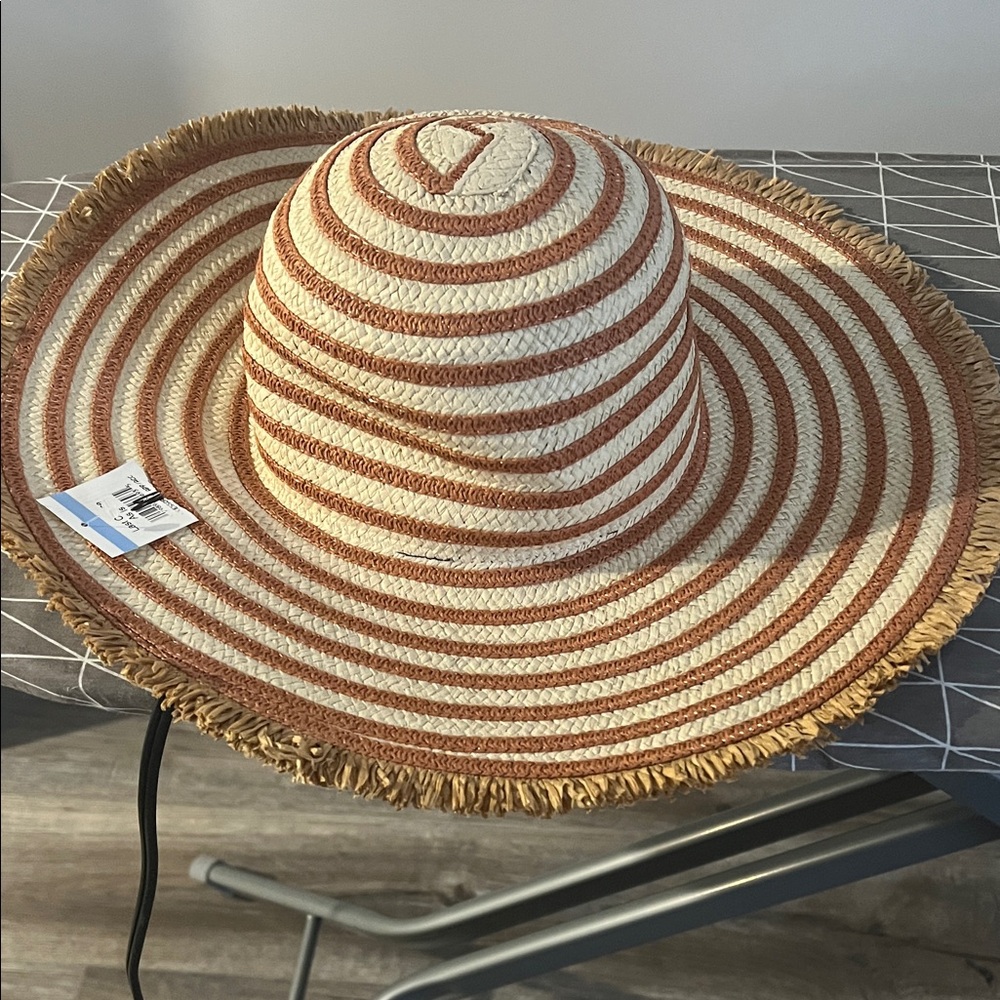 Striped Wide Brim Straw Sun Hat - Ivory & Rust